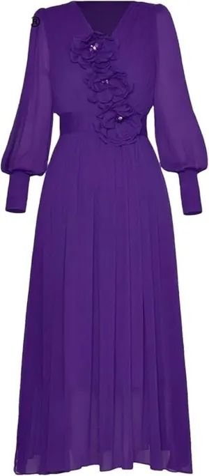 Women's V-Neck Long Sleeve Sequin Applique High Waist Ball Gown Fashion Evening Party Dress