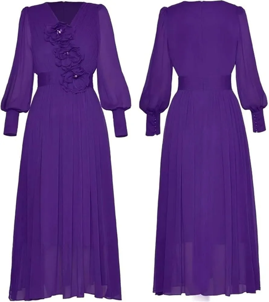 Women's V-Neck Long Sleeve Sequin Applique High Waist Ball Gown Fashion Evening Party Dress