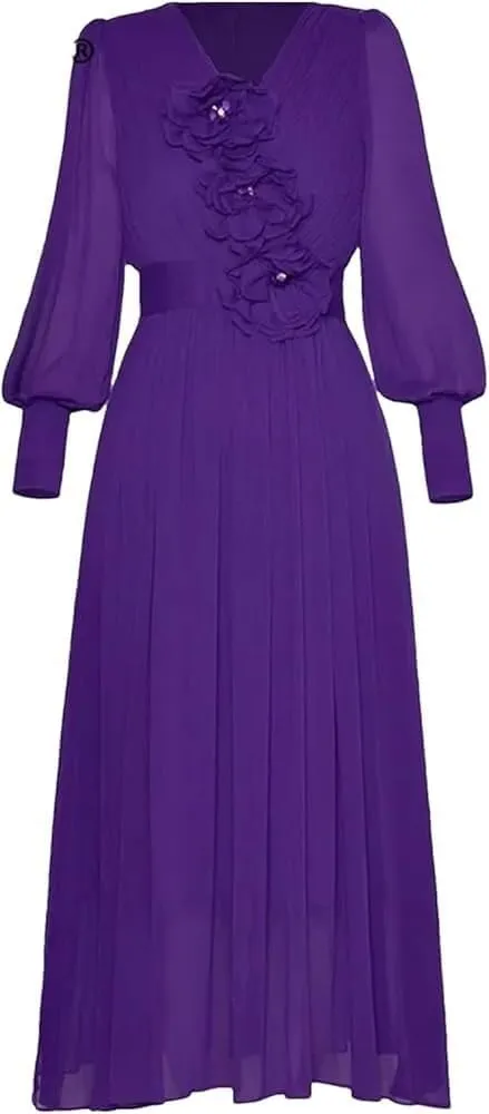 Women's V-Neck Long Sleeve Sequin Applique High Waist Ball Gown Fashion Evening Party Dress
