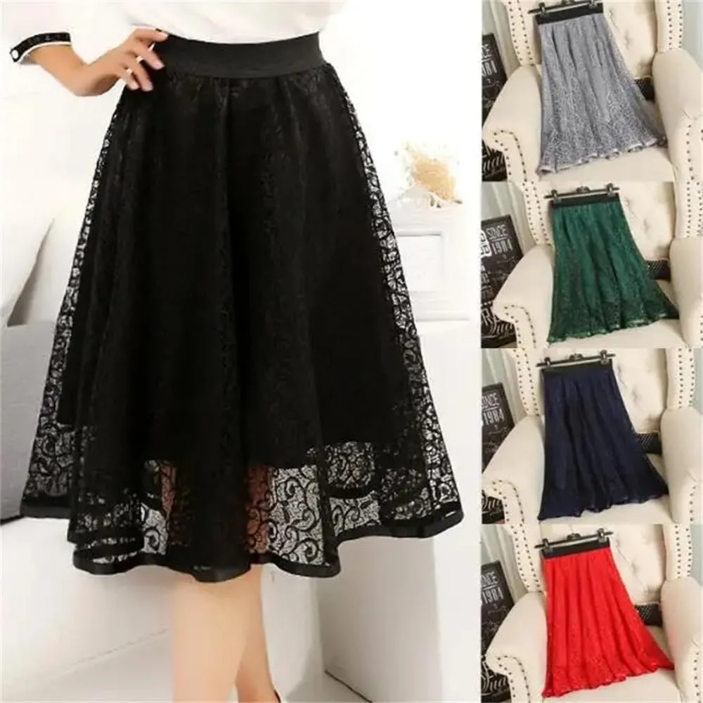 Womens Vintage Midi Skirts Womens Summer Elastic High Waist Mesh Skirt Womens Long Pleated A-Line Skirt