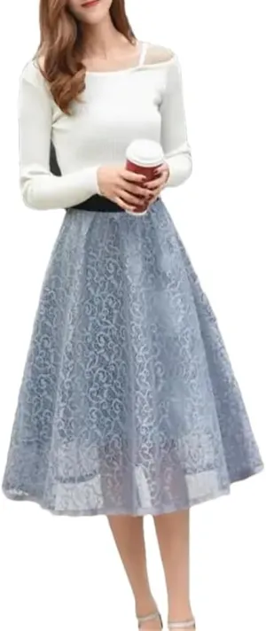 Womens Vintage Midi Skirts Womens Summer Elastic High Waist Mesh Skirt Womens Long Pleated A-Line Skirt
