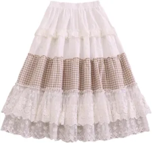 Women's Vintage Plaid Mesh Skirt Women's Elastic Waist Skirts Female Elegant Ruffles Lace Long Skirt