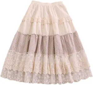Women's Vintage Plaid Mesh Skirt Women's Elastic Waist Skirts Female Elegant Ruffles Lace Long Skirt
