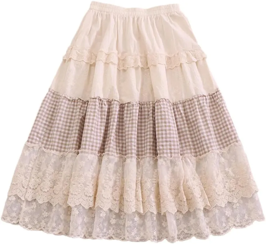 Women's Vintage Plaid Mesh Skirt Women's Elastic Waist Skirts Female Elegant Ruffles Lace Long Skirt