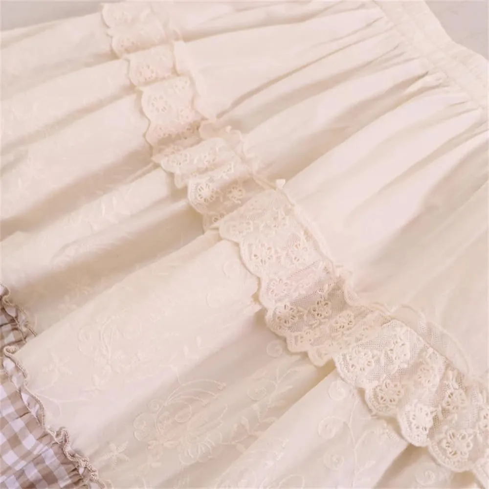 Women's Vintage Plaid Mesh Skirt Women's Elastic Waist Skirts Female Elegant Ruffles Lace Long Skirt