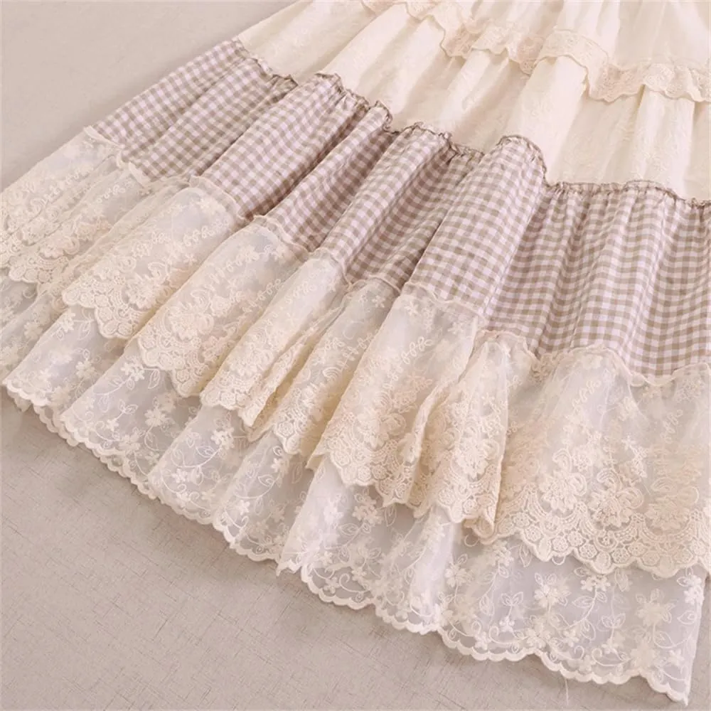 Women's Vintage Plaid Mesh Skirt Women's Elastic Waist Skirts Female Elegant Ruffles Lace Long Skirt