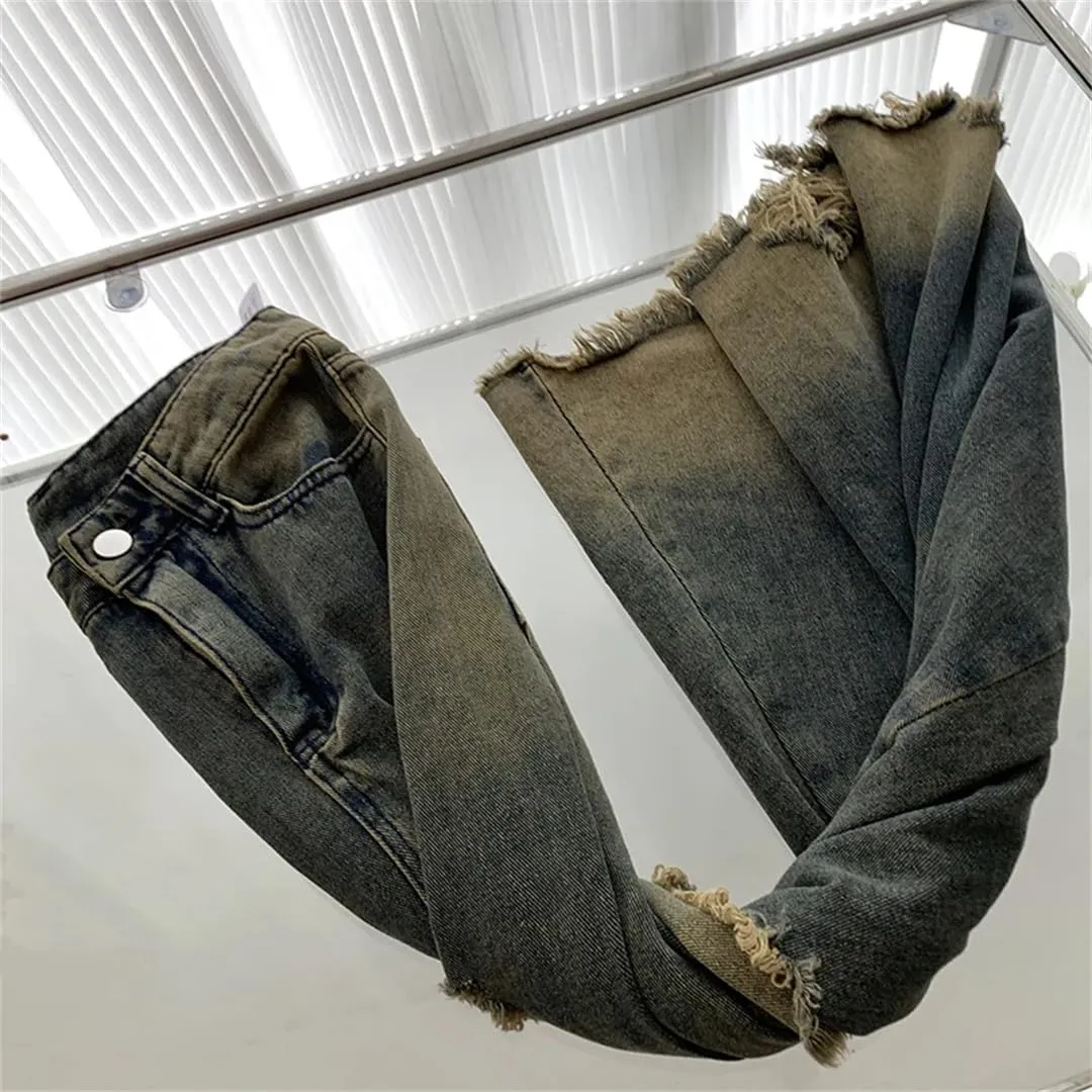 Women's Vintage Ripped Holes Maxi Denim Skirts High Waisted Fringed Washed Jean Skirt with Pockets