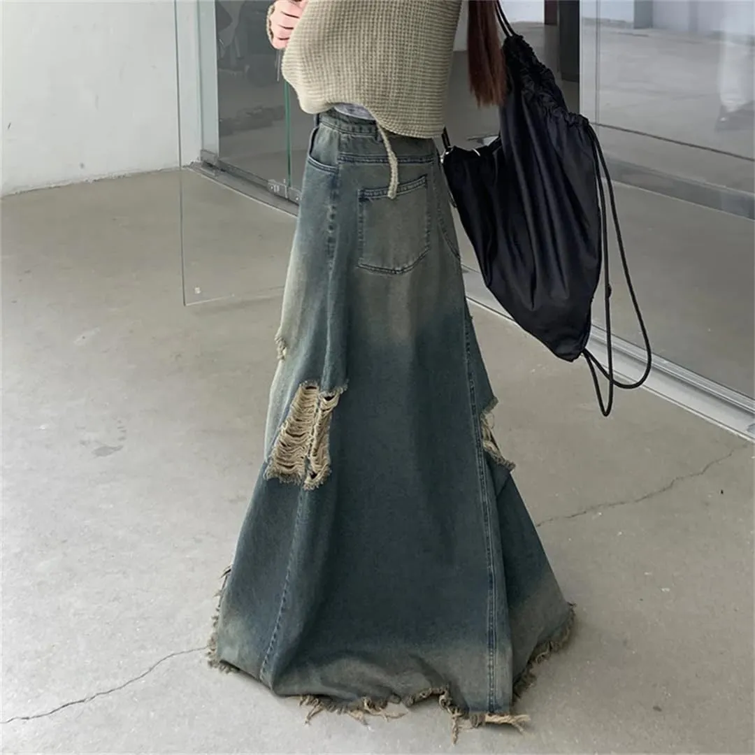 Women's Vintage Ripped Holes Maxi Denim Skirts High Waisted Fringed Washed Jean Skirt with Pockets