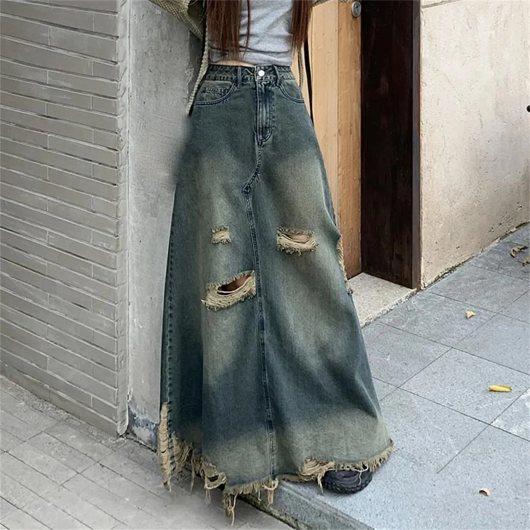Women's Vintage Ripped Holes Maxi Denim Skirts High Waisted Fringed Washed Jean Skirt with Pockets