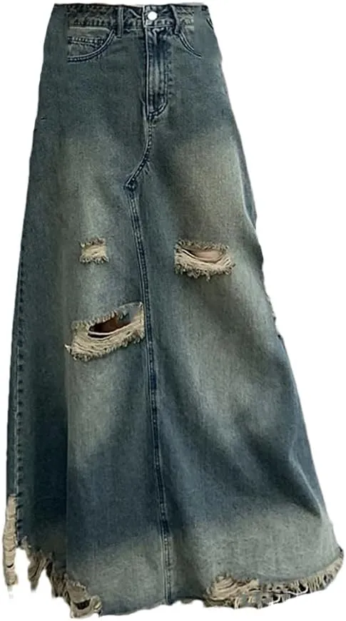 Women's Vintage Ripped Holes Maxi Denim Skirts High Waisted Fringed Washed Jean Skirt with Pockets