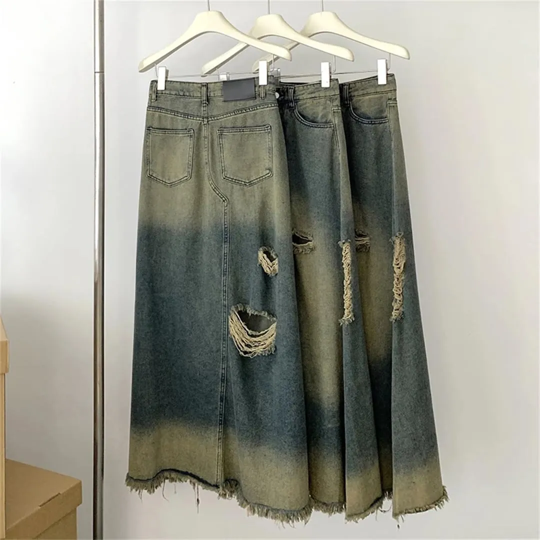 Women's Vintage Ripped Holes Maxi Denim Skirts High Waisted Fringed Washed Jean Skirt with Pockets