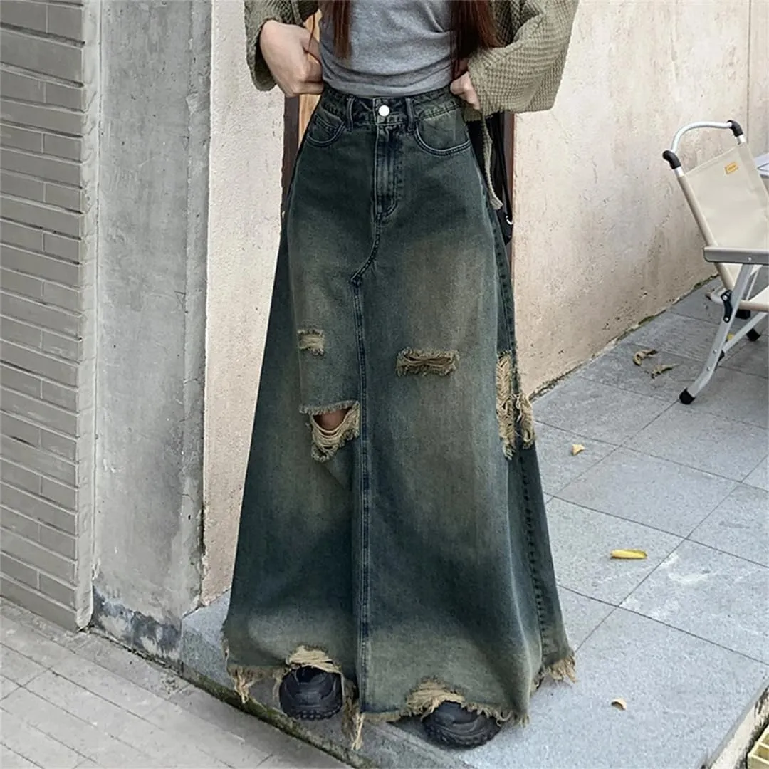 Women's Vintage Ripped Holes Maxi Denim Skirts High Waisted Fringed Washed Jean Skirt with Pockets