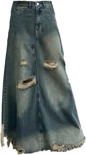 Women's Vintage Ripped Holes Maxi Denim Skirts High Waisted Fringed Washed Jean Skirt with Pockets