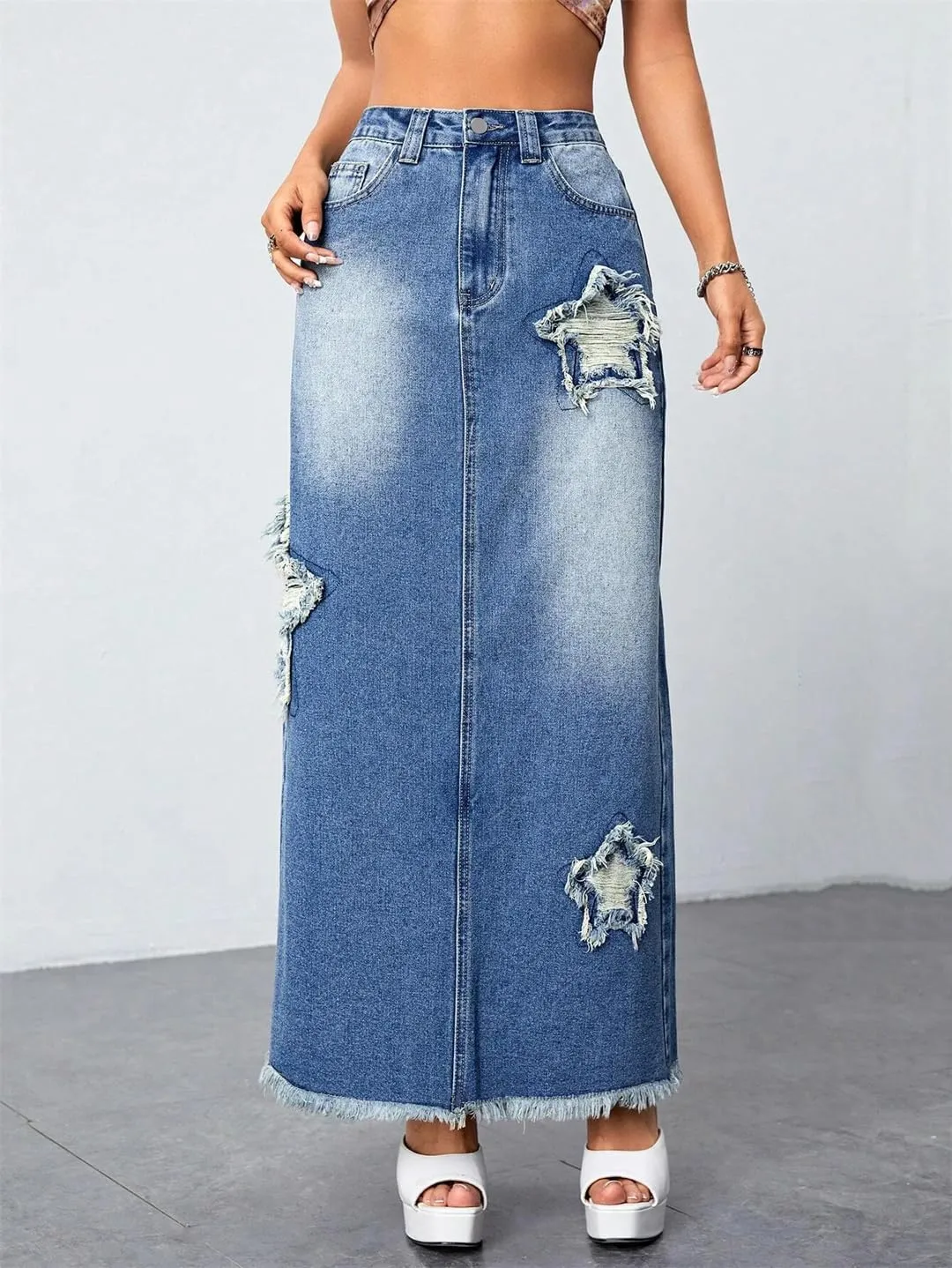 Women's Vintage Ripped Tassel Denim Skirt with Pockets High Waisted Back Slit Fringed Jeans Maxi Skirt