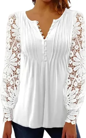 Womens White Lace Sleeve Shirt Loose Button Up V Neck Blouse Casual Fashion Tunic Tops Elegant Business Outfits