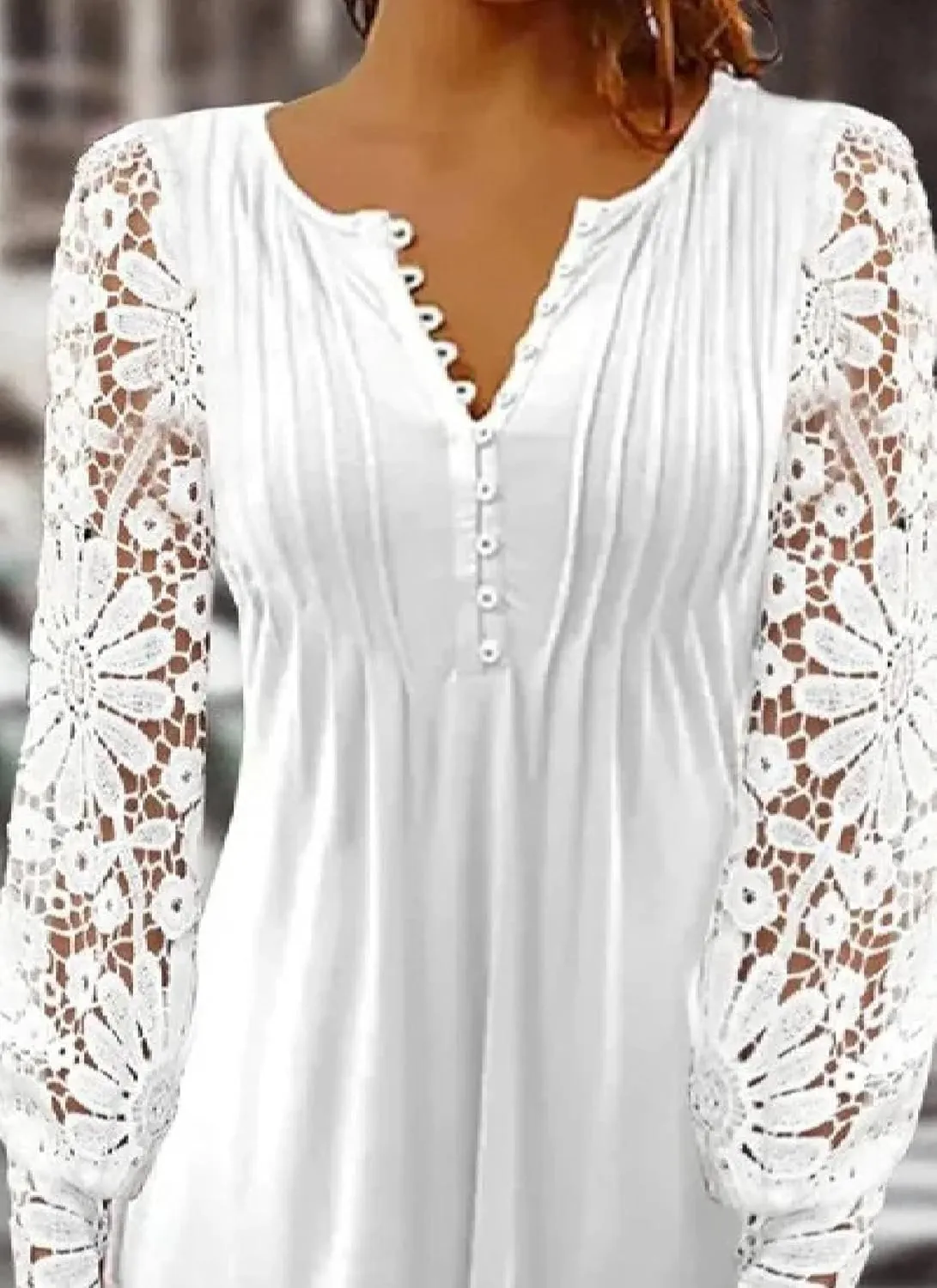 Womens White Lace Sleeve Shirt Loose Button Up V Neck Blouse Casual Fashion Tunic Tops Elegant Business Outfits