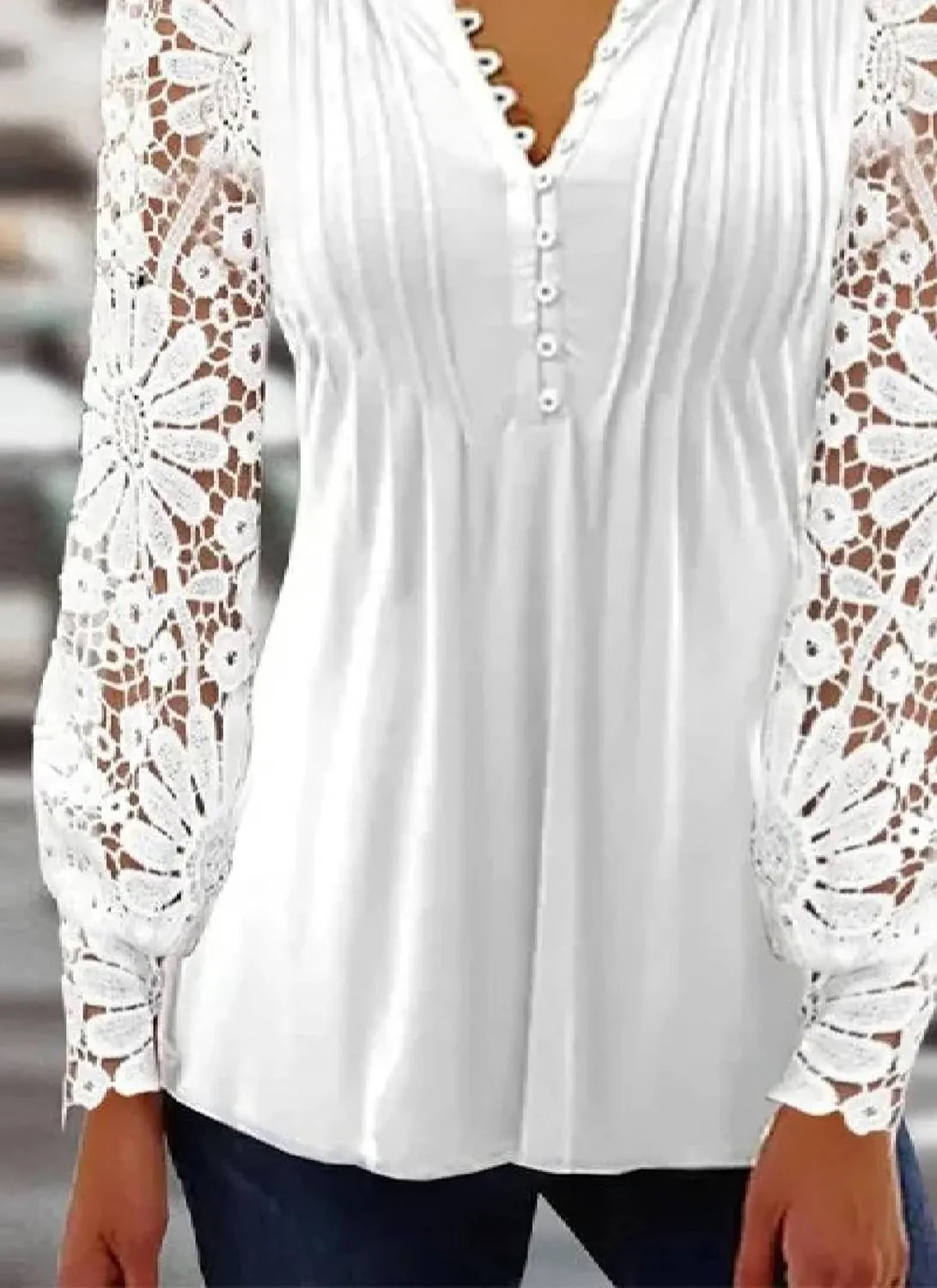 Womens White Lace Sleeve Shirt Loose Button Up V Neck Blouse Casual Fashion Tunic Tops Elegant Business Outfits