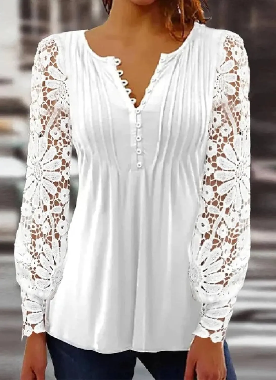 Womens White Lace Sleeve Shirt Loose Button Up V Neck Blouse Casual Fashion Tunic Tops Elegant Business Outfits