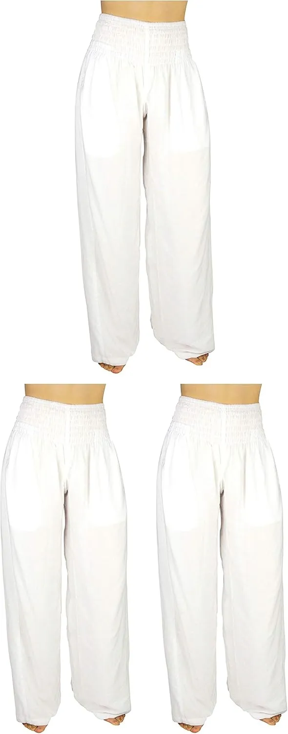 Womens Wide Leg Palazzo Pants, Loose Flare, Smocked High Waist w Pockets