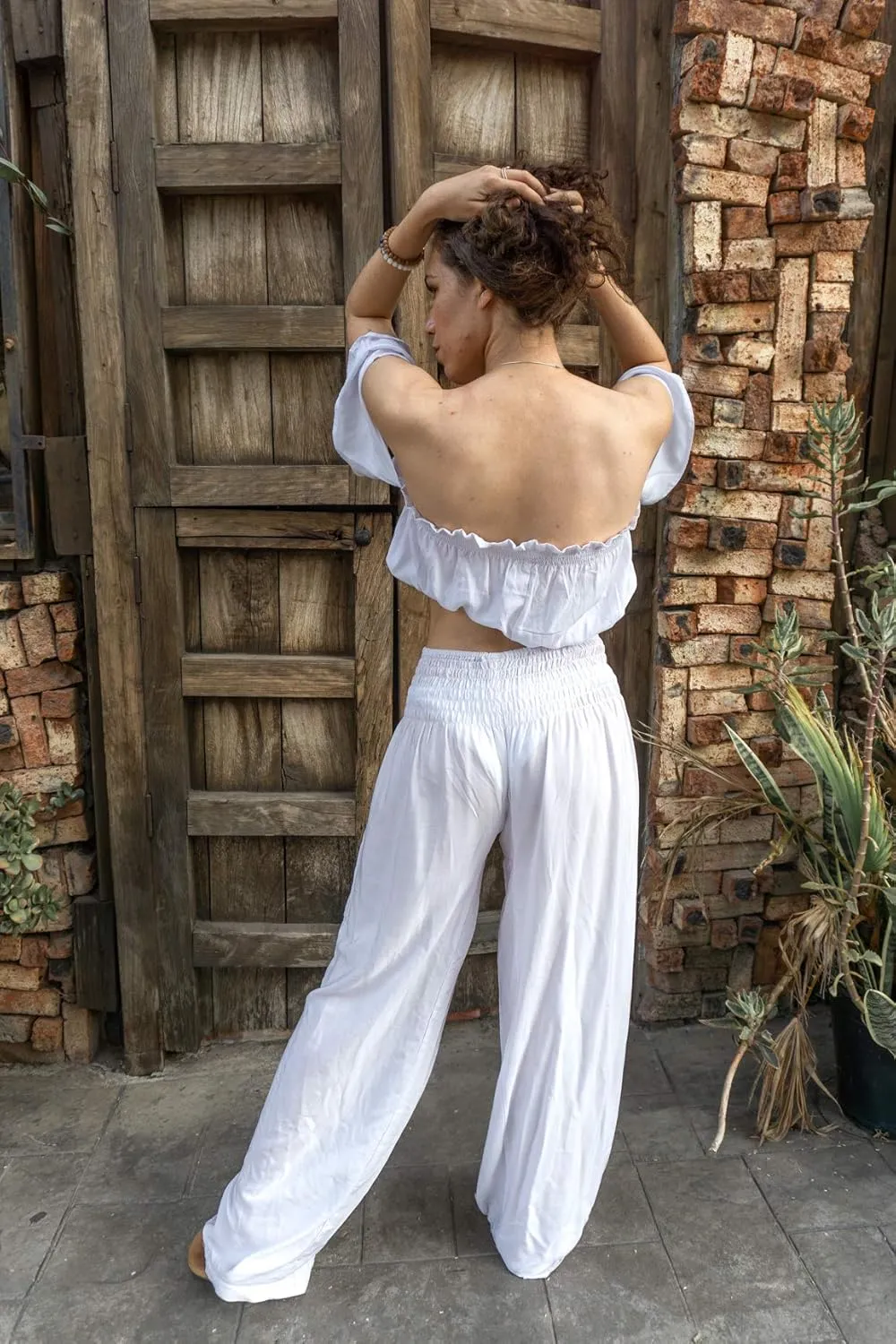 Womens Wide Leg Palazzo Pants, Loose Flare, Smocked High Waist w Pockets