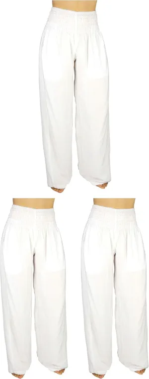 Womens Wide Leg Palazzo Pants, Loose Flare, Smocked High Waist w Pockets