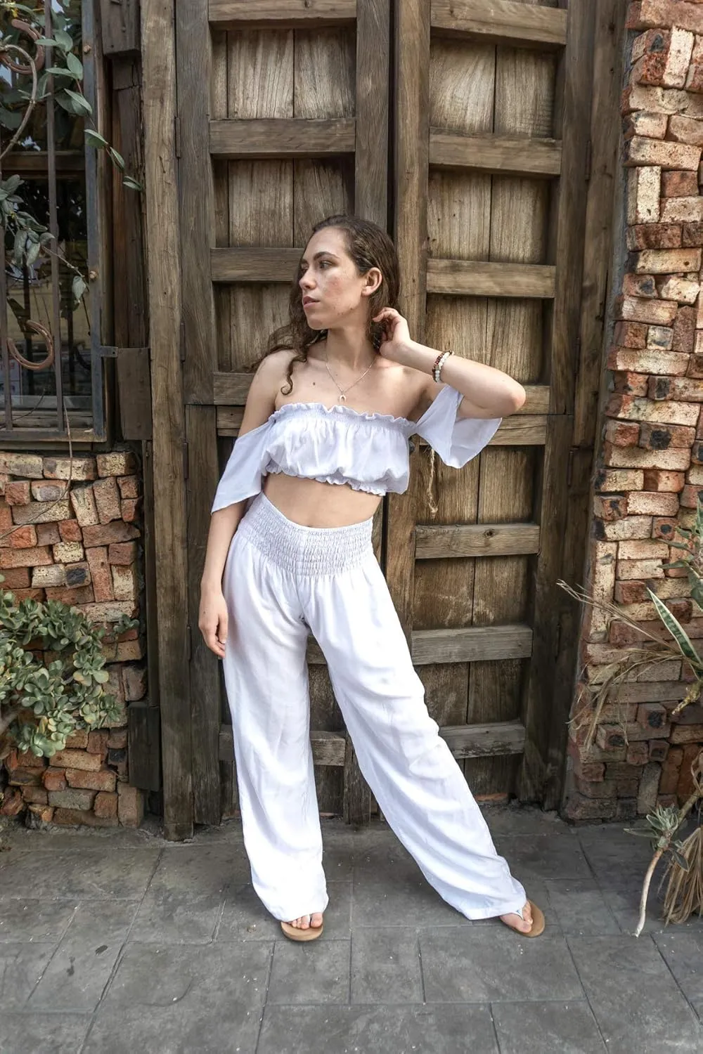 Womens Wide Leg Palazzo Pants, Loose Flare, Smocked High Waist w Pockets
