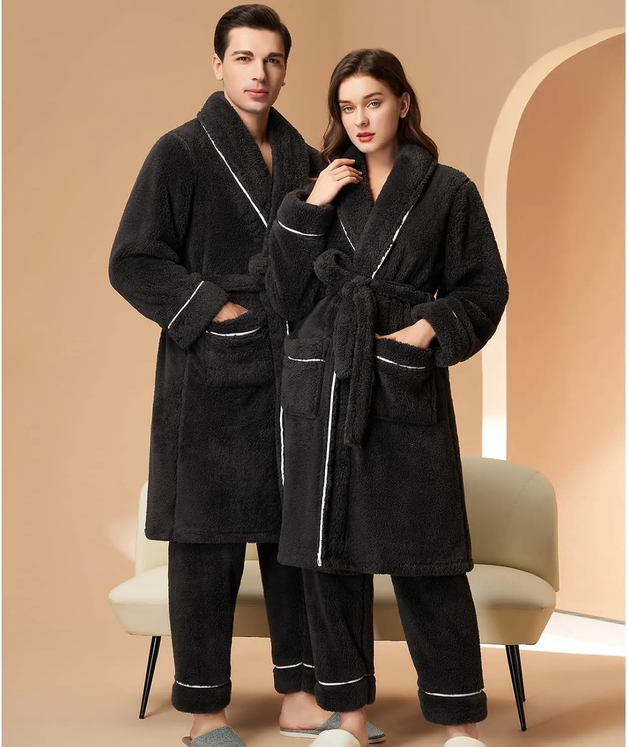 Womens Winter Flannel Pajama Sets Fluffy Fleece Long Bathrobe with Pant Warm Shower Nightgown,Pocket,Belted