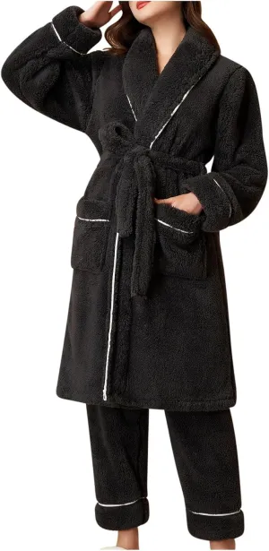 Womens Winter Flannel Pajama Sets Fluffy Fleece Long Bathrobe with Pant Warm Shower Nightgown,Pocket,Belted