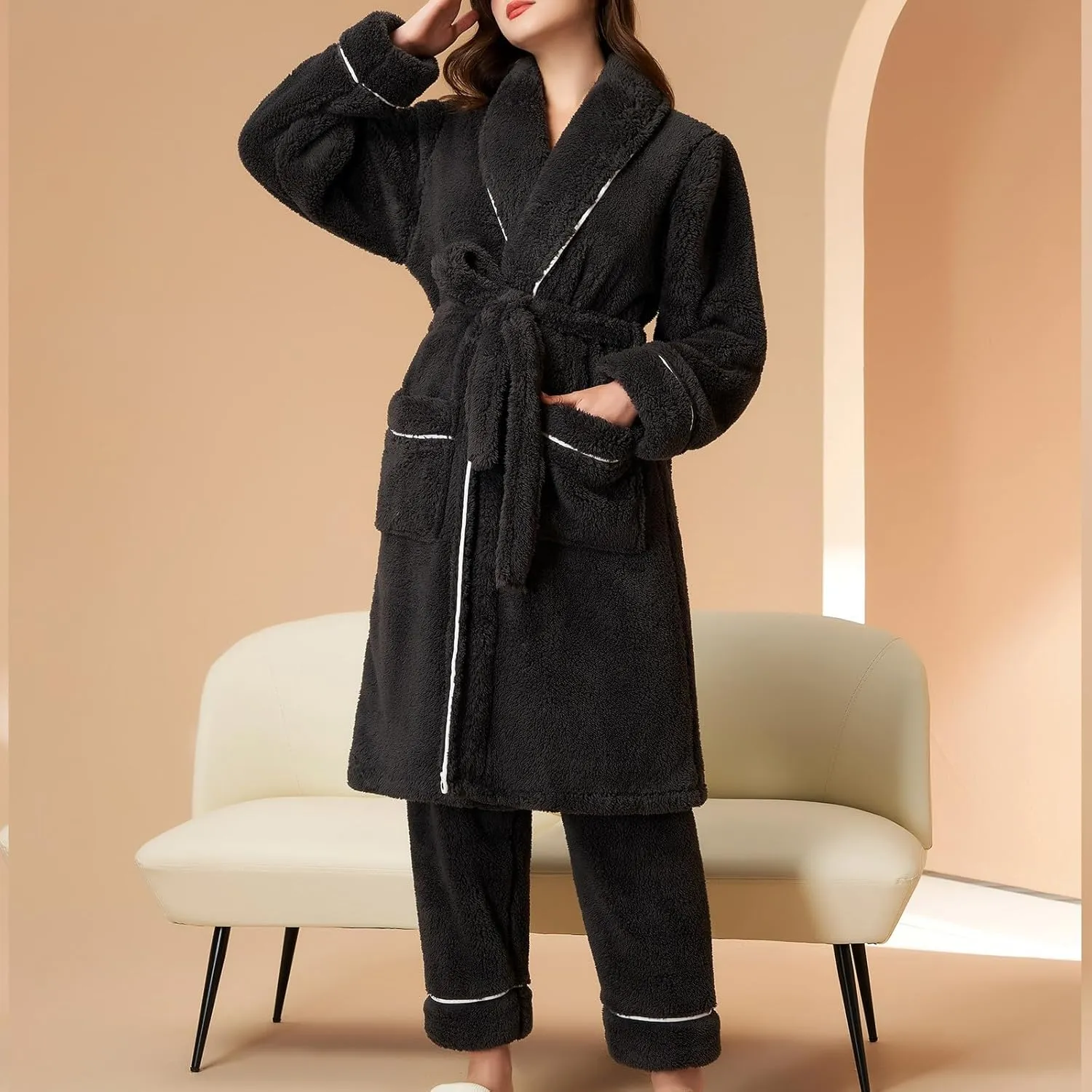 Womens Winter Flannel Pajama Sets Fluffy Fleece Long Bathrobe with Pant Warm Shower Nightgown,Pocket,Belted