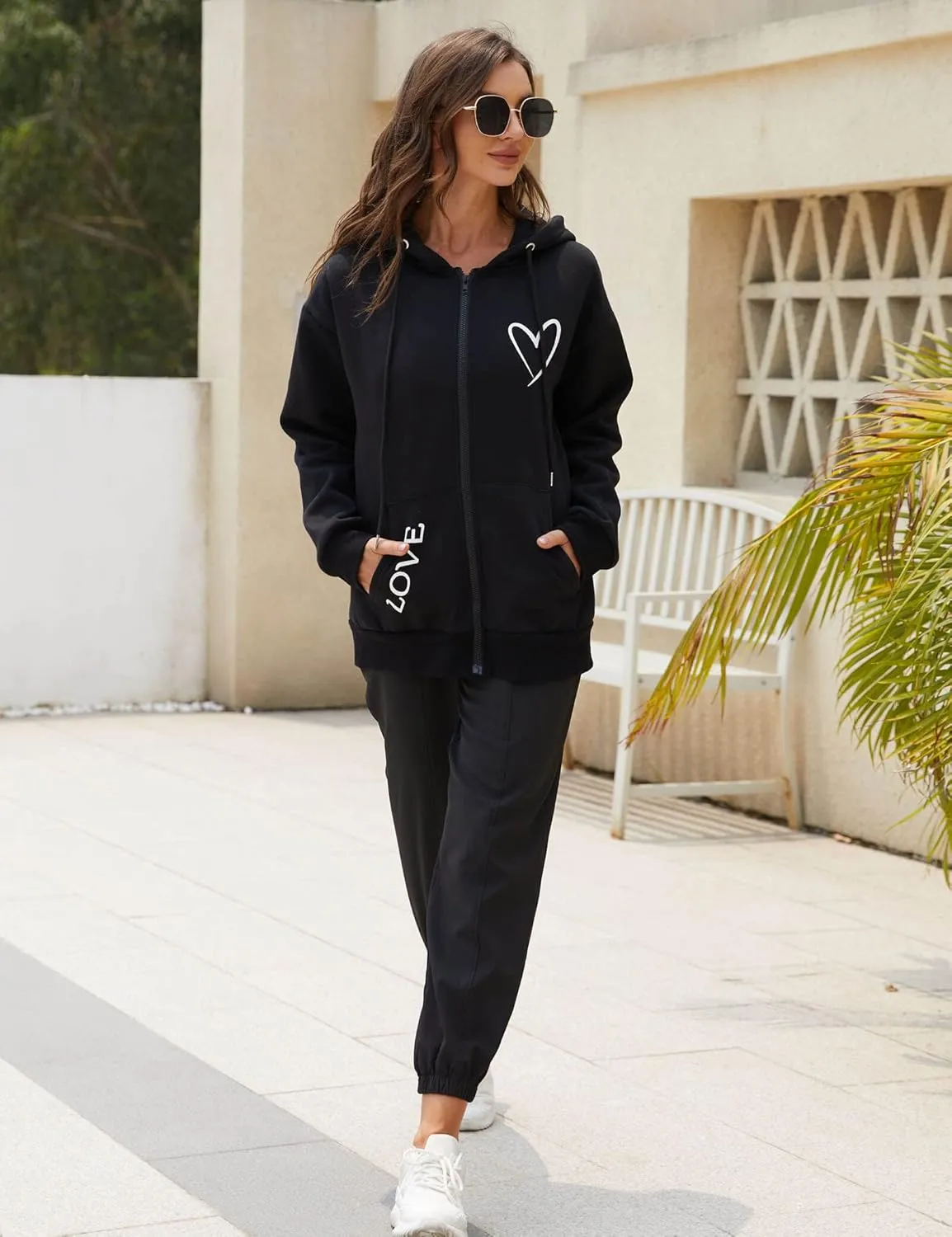 Women's Zip Up Hoodie Oversized Sweatshirt Long Sleeve Cute Tops Love Heart Graphic Fleece Lined Jacket Loose Fit