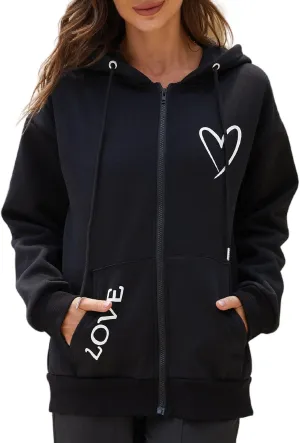 Women's Zip Up Hoodie Oversized Sweatshirt Long Sleeve Cute Tops Love Heart Graphic Fleece Lined Jacket Loose Fit