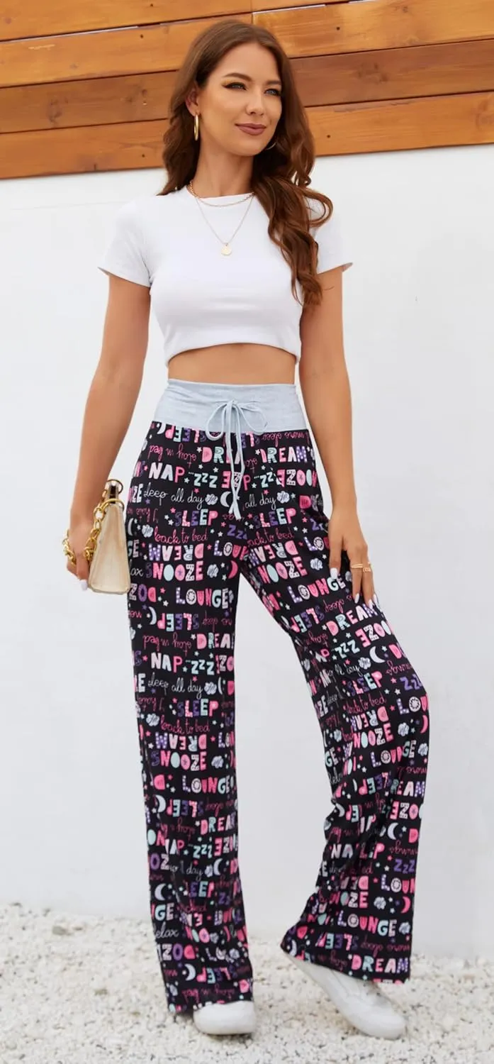 X-Image Women's Comfy Pajamas Drawstring Stretch Floral Print Long Wide Leg Lounge Pants