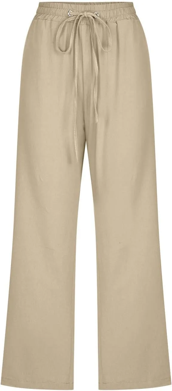 Xiaojmake Linen Capri Pants for Womens Drawstring Waist Summer Casual Pants Loose Wide Leg Trouser Cropped Pants with Pockets
