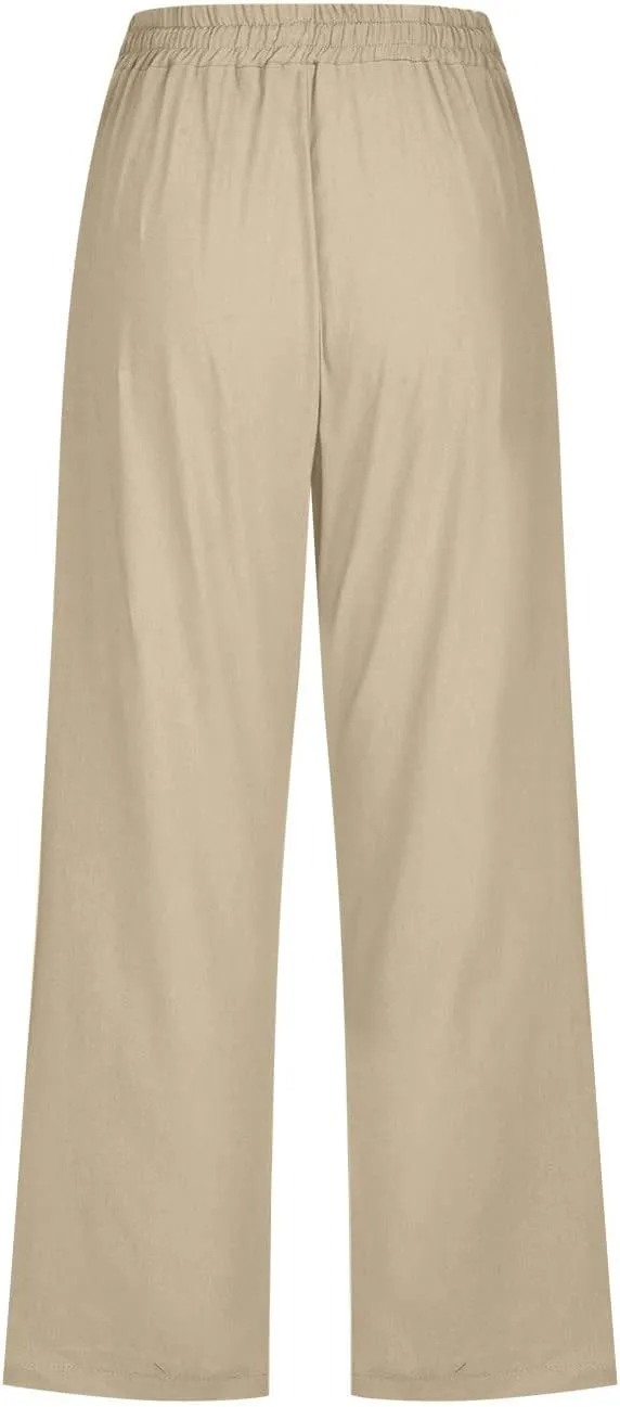 Xiaojmake Linen Capri Pants for Womens Drawstring Waist Summer Casual Pants Loose Wide Leg Trouser Cropped Pants with Pockets