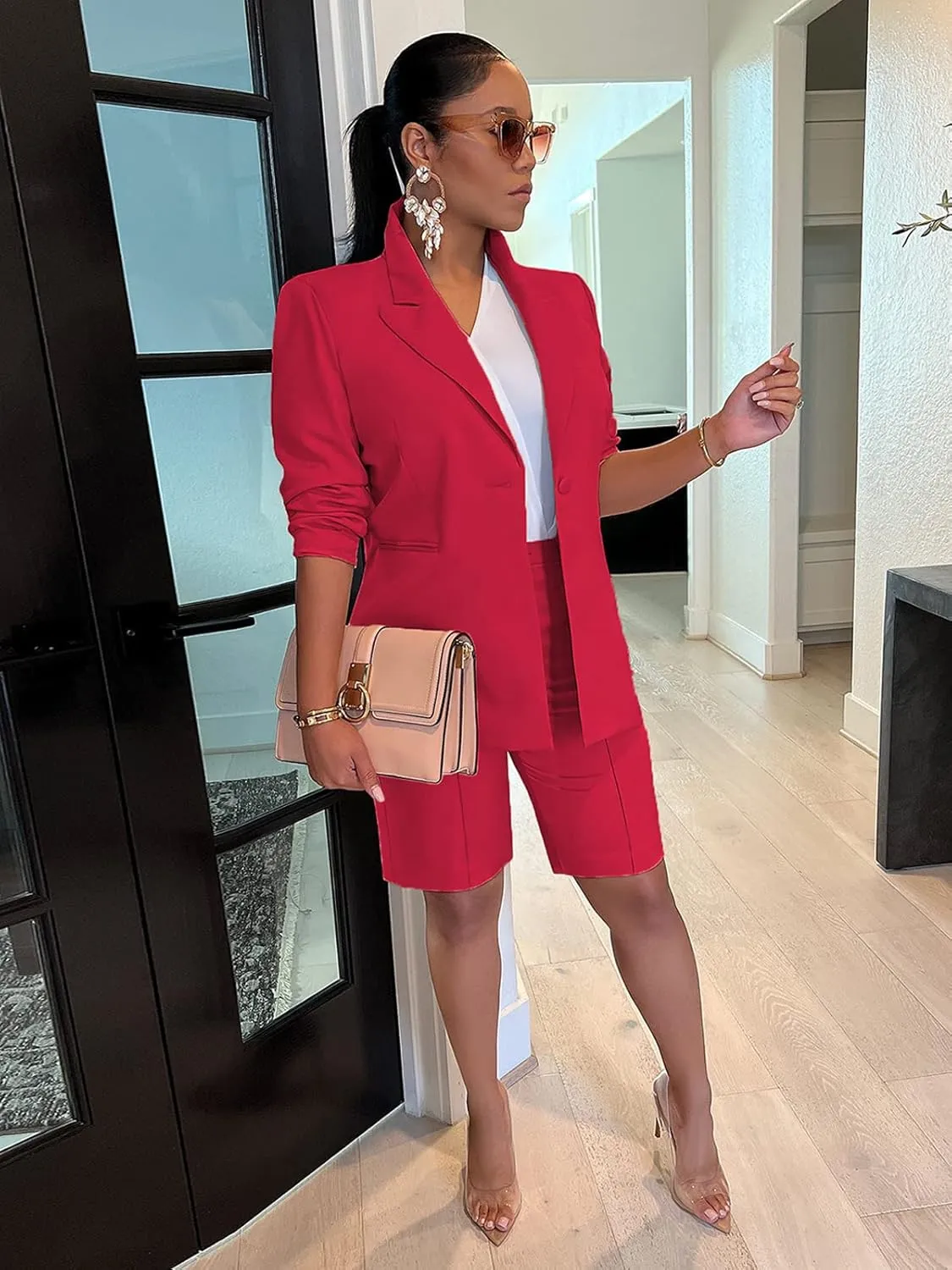XZLUFNY Women's 2 Piece Full Sleeve Blazer and Short Office Business Work Suit Set
