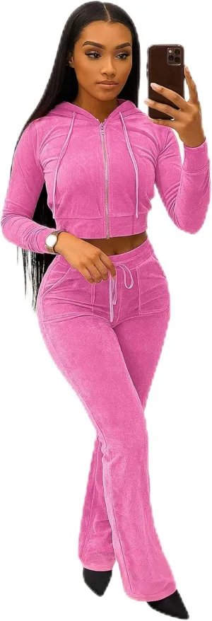 yidengymx Womens Velour Tracksuit Two Piece Outfits for Women Long Sleeve Hooded Zip Crop Tops Flared Pants Set