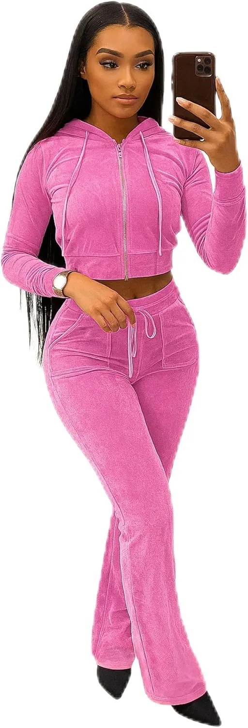 yidengymx Womens Velour Tracksuit Two Piece Outfits for Women Long Sleeve Hooded Zip Crop Tops Flared Pants Set