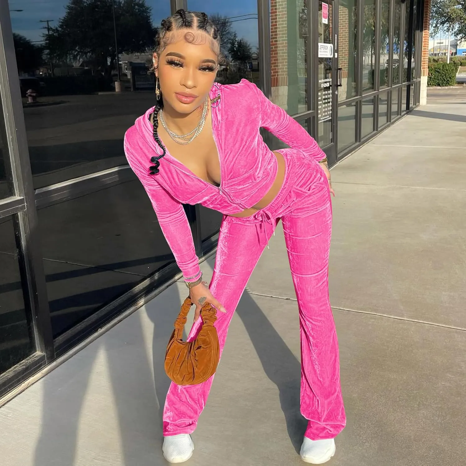 yidengymx Womens Velour Tracksuit Two Piece Outfits for Women Long Sleeve Hooded Zip Crop Tops Flared Pants Set