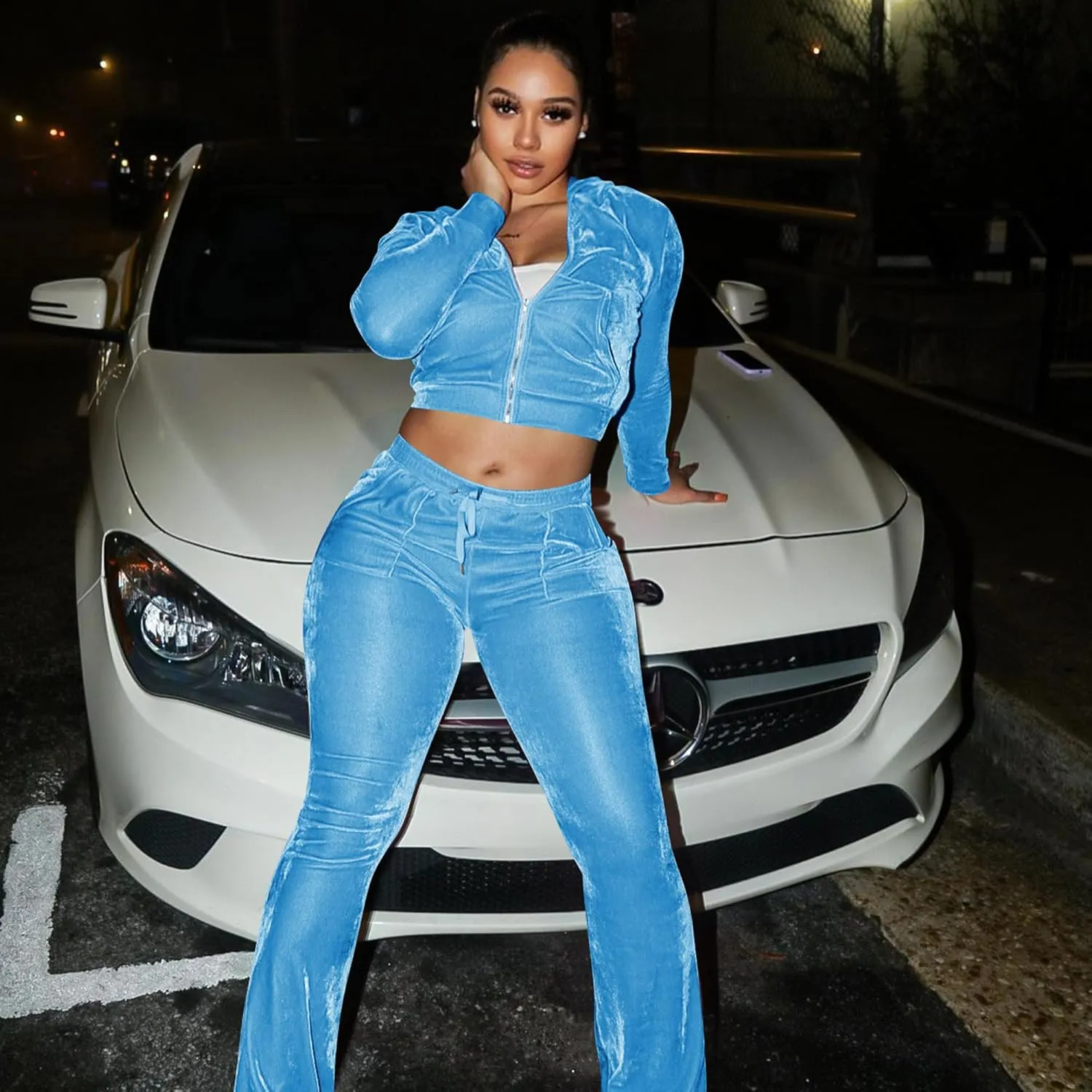 yidengymx Womens Velour Tracksuit Two Piece Outfits for Women Long Sleeve Hooded Zip Crop Tops Flared Pants Set