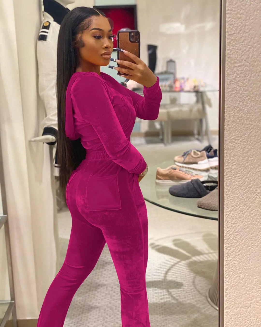 yidengymx Womens Velour Tracksuit Two Piece Outfits for Women Long Sleeve Hooded Zip Crop Tops Flared Pants Set