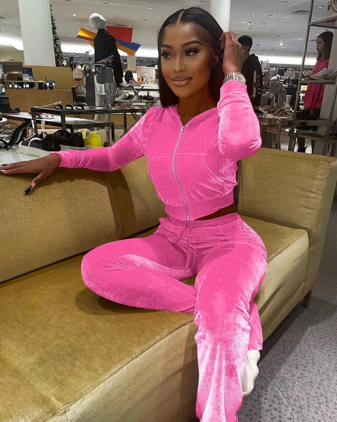 yidengymx Womens Velour Tracksuit Two Piece Outfits for Women Long Sleeve Hooded Zip Crop Tops Flared Pants Set