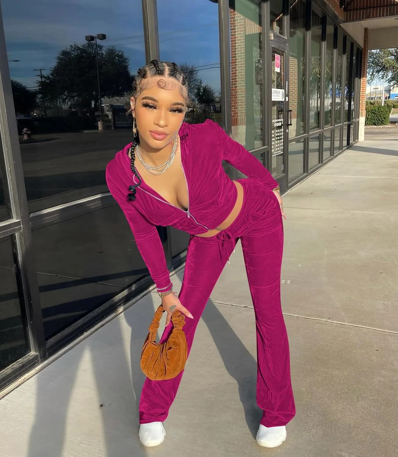 yidengymx Womens Velour Tracksuit Two Piece Outfits for Women Long Sleeve Hooded Zip Crop Tops Flared Pants Set
