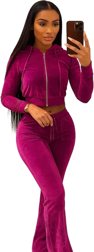 yidengymx Womens Velour Tracksuit Two Piece Outfits for Women Long Sleeve Hooded Zip Crop Tops Flared Pants Set