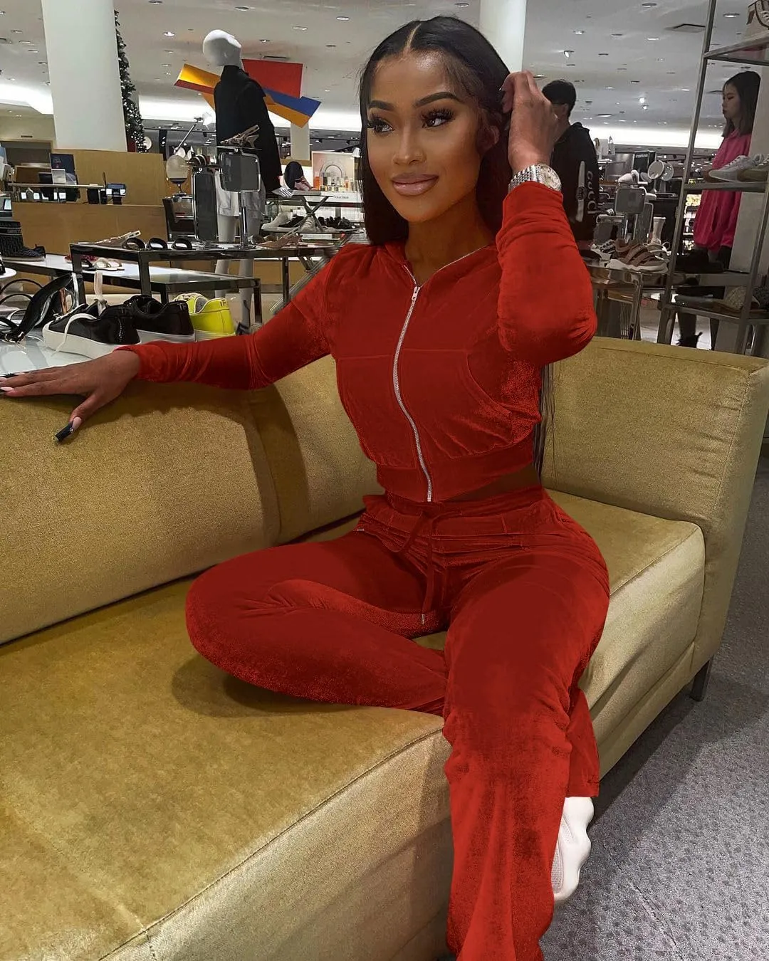 yidengymx Womens Velour Tracksuit Two Piece Outfits for Women Long Sleeve Hooded Zip Crop Tops Flared Pants Set