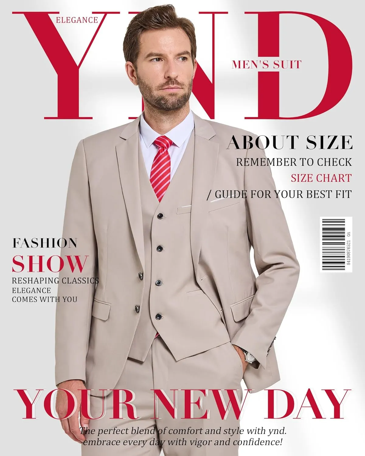 YND Men's Slim Fit 3 Pieces Suit, Two Buttons Blazer Set, Jacket Vest and Pants for Wedding Party Business Prom