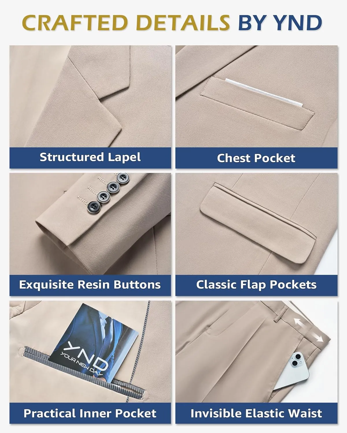 YND Men's Slim Fit 3 Pieces Suit, Two Buttons Blazer Set, Jacket Vest and Pants for Wedding Party Business Prom