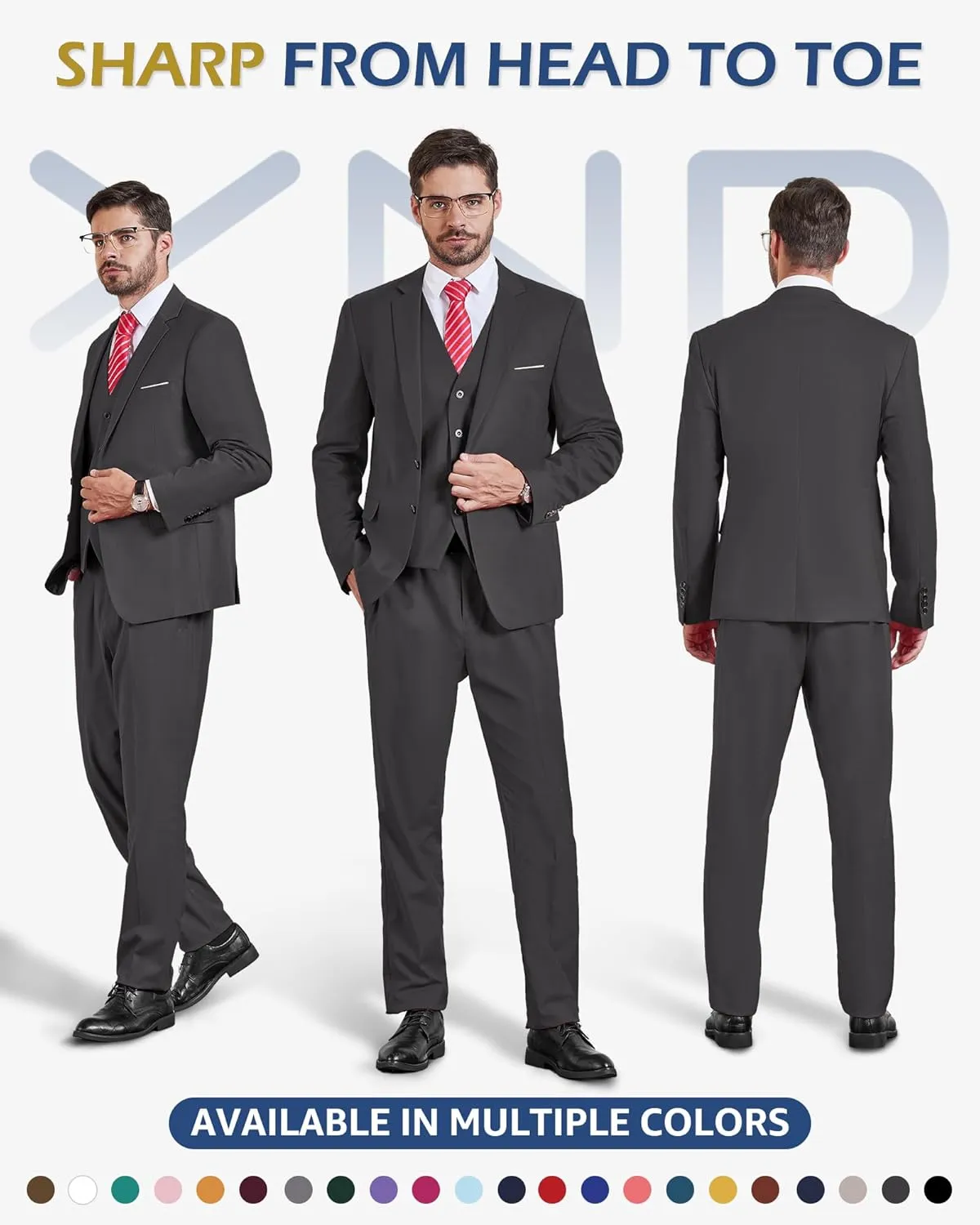 YND Men's Slim Fit 3 Pieces Suit, Two Buttons Blazer Set, Jacket Vest and Pants for Wedding Party Business Prom