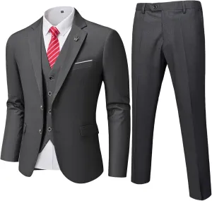 YND Men's Slim Fit 3 Pieces Suit, Two Buttons Blazer Set, Jacket Vest and Pants for Wedding Party Business Prom