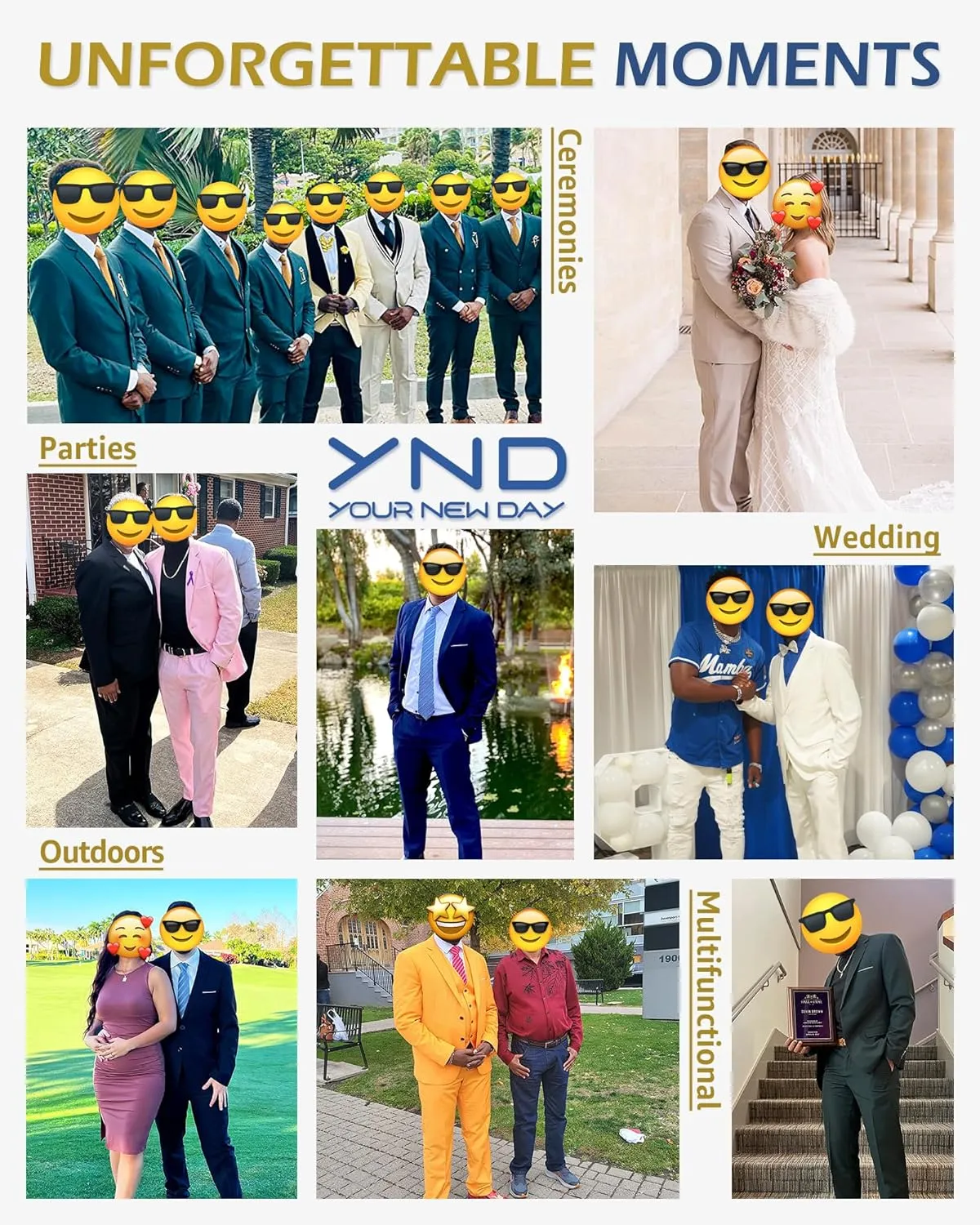 YND Men's Slim Fit 3 Pieces Suit, Two Buttons Blazer Set, Jacket Vest and Pants for Wedding Party Business Prom