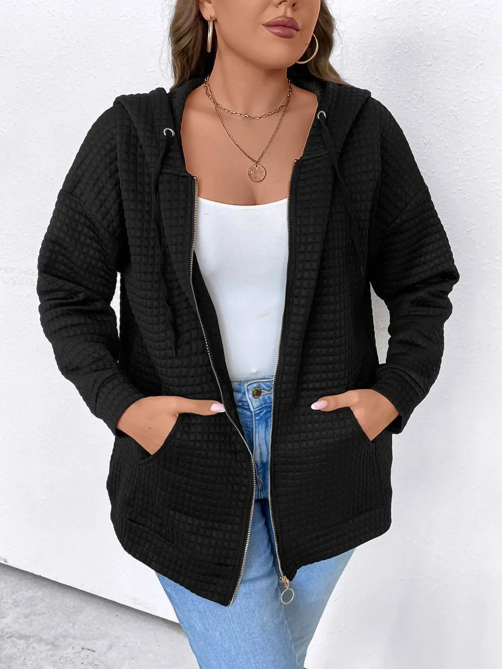 YOXUA Women's Plus Size Casual Hoodies Sweatshirt,Long Sleeve Camouflage Patchwork Full Zipper Drawstring Top with Pocket